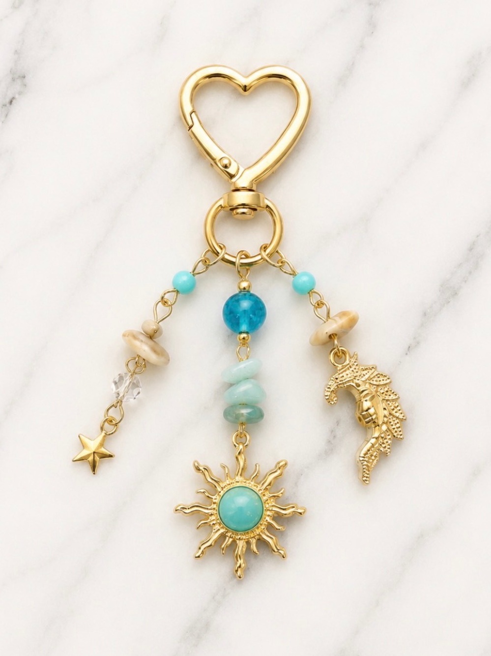Bag Charm/Keyring-Sun & Moon Charms-Turquoise Beads Accents-Gold Hardware